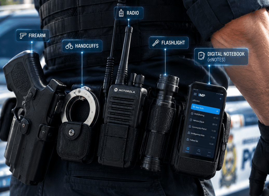 An officer’s duty belt with each item labelled: firearm, handcuffs, radio, flashlight, and a phone marked digital notebook