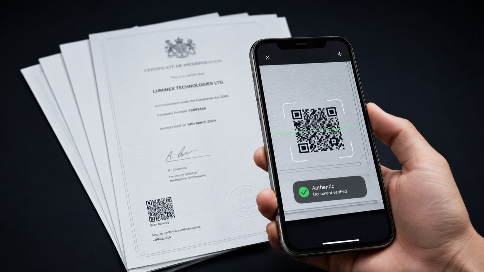 A phone reading a QR code on a printed certificate and returning a green Authentic result