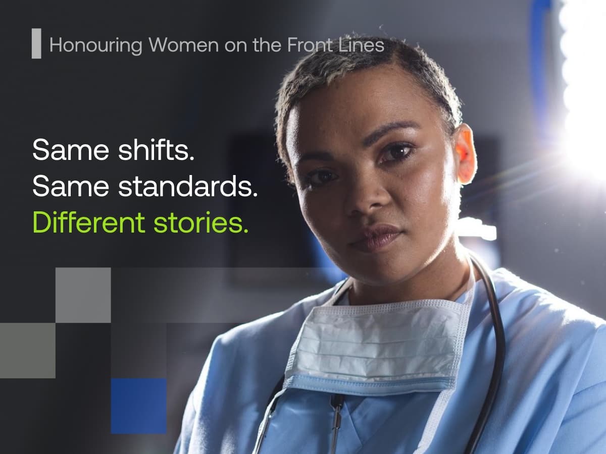A paramedic in scrubs with a stethoscope, under the line Same shifts. Same standards. Different stories.