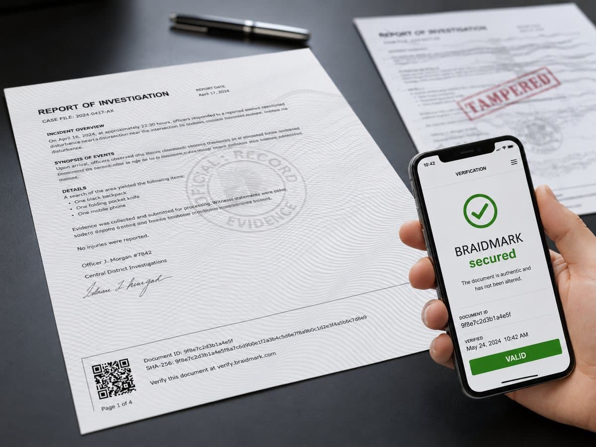 A Braidmark protected report of investigation on a desk, an altered copy stamped TAMPERED behind it, and the Braidmark Verify app on a phone confirming the front document is secured and unaltered
