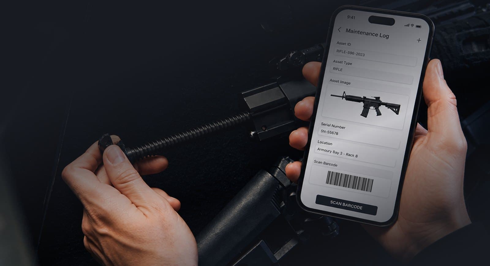 A rifle being logged into the armoury on a phone, its asset ID, serial number and rack location filled in on screen