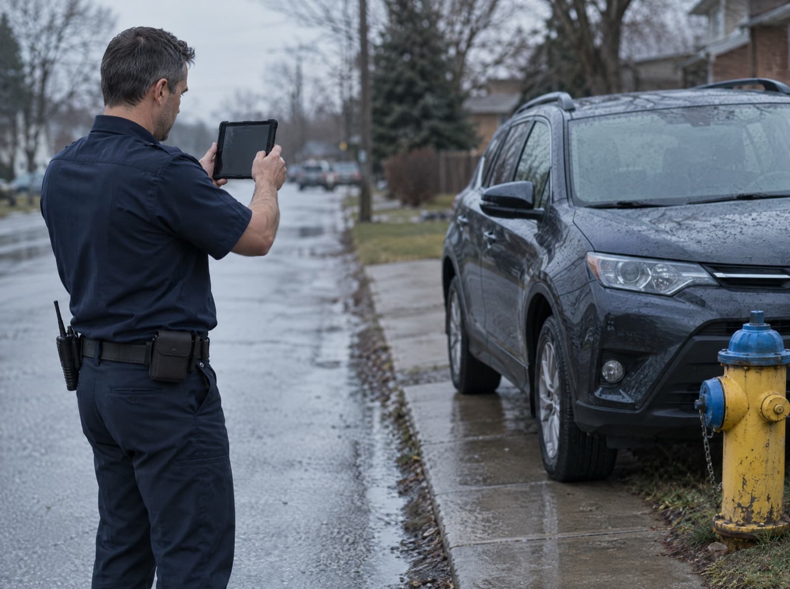 A bylaw enforcement officer photographs a car parked across a sidewalk with a tablet.