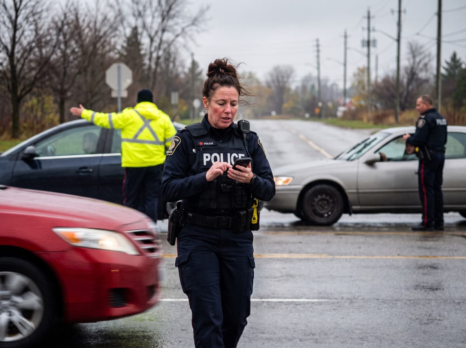 A police officer types on a phone at a roadside scene while colleagues direct traffic and speak with a driver behind her.