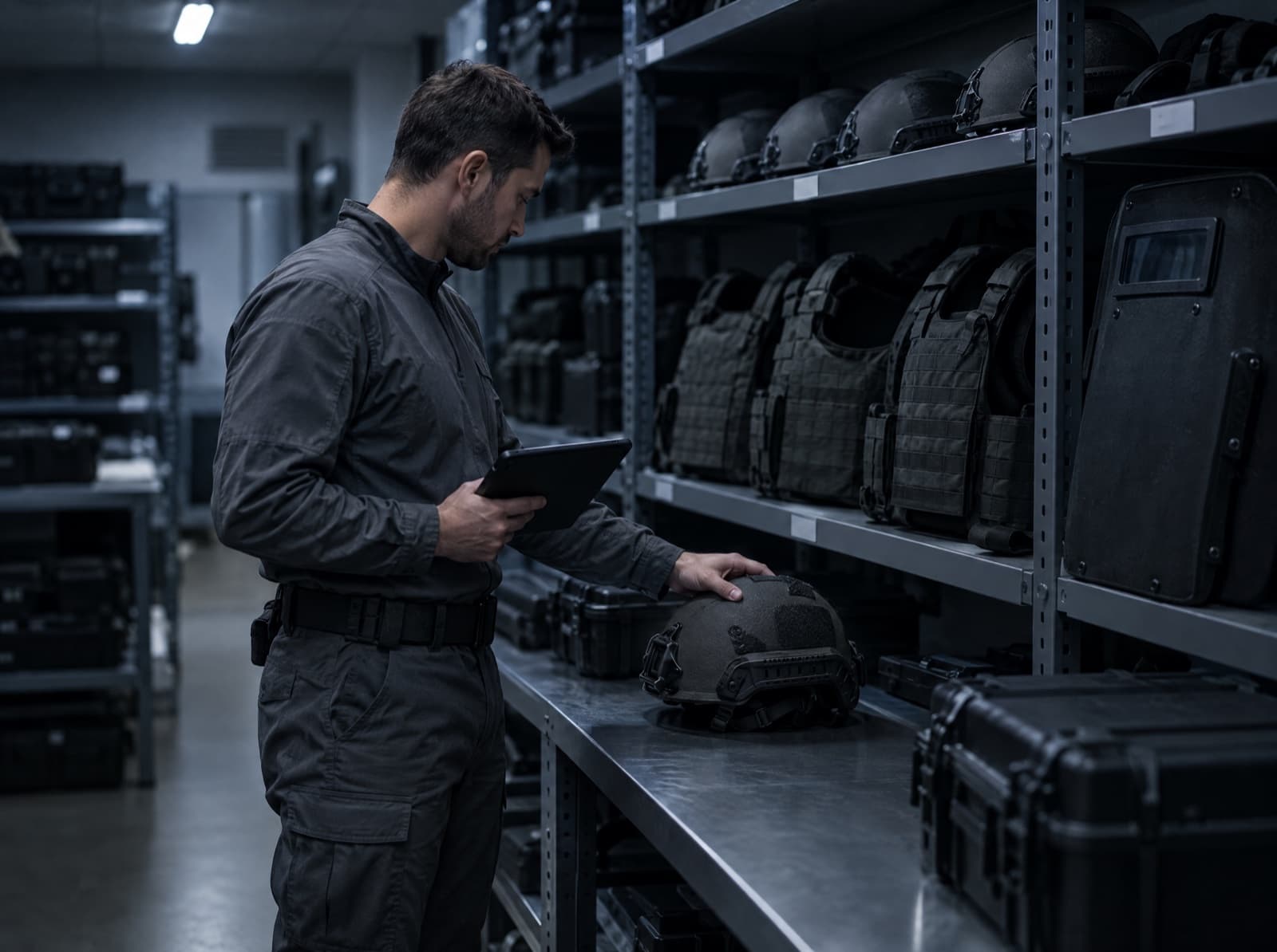 A tactical officer checks a ballistic helmet at an equipment room workbench, tablet in hand, beside shelves of helmets and vests.