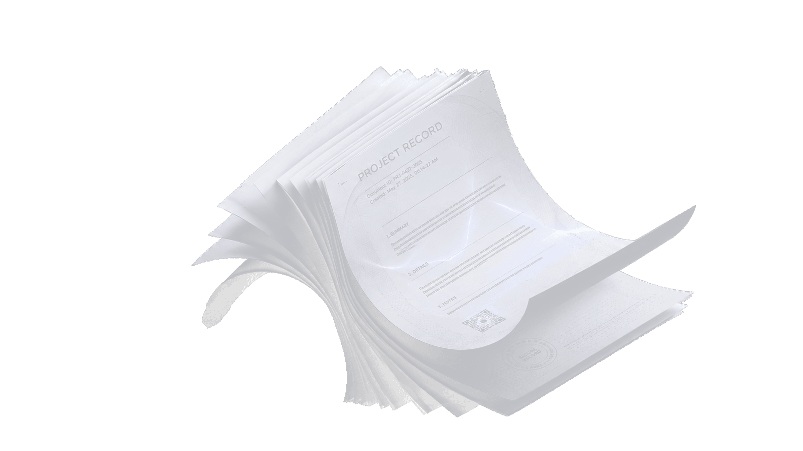 A stack of project records fanned open, the top sheet carrying Braidmark's wave structure and a verification code