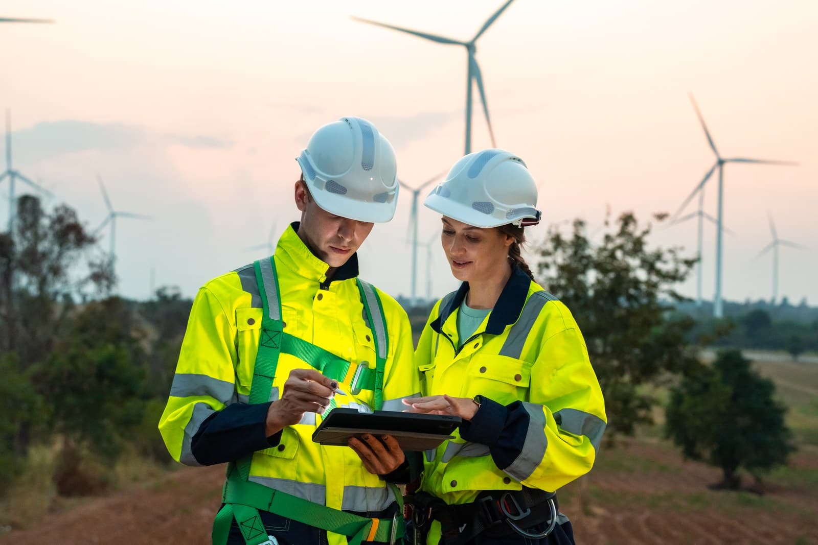Two engineers in high visibility gear checking a tablet in front of a wind farm.